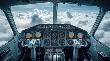 Pilot's perspective from inside an airplane cockpit, with cloudy sky visible outside