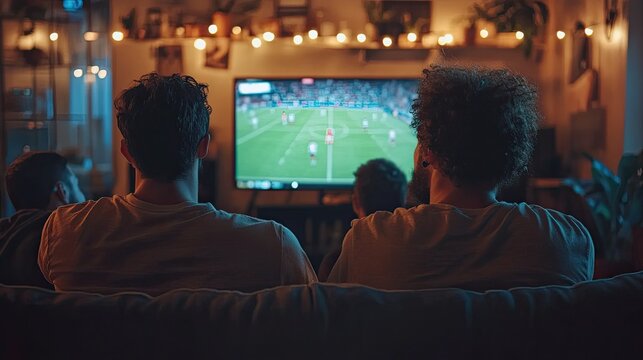 Group of friends watching football match on TV together, cheering for their team, back view of diverse group enjoying sports in cozy home setting, ideal for team spirit moments.