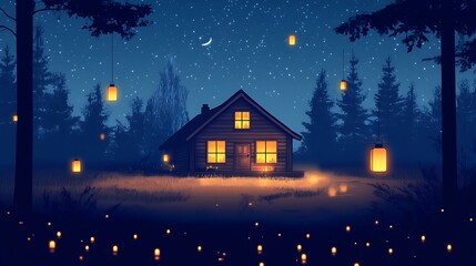 Fototapeta premium Cozy Cabin Night Scene Illuminated By Lanterns