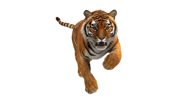 Tiger runs swiftly through a white background