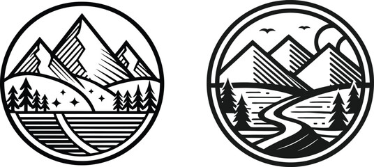 Set Of Vintage Mountain and River Emblem, Rounded Line Art Outdoor Logo Vector on White Background.