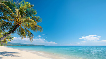 Idyllic Beach Scene With Palm Tree Turquoise Ocean And Clear Blue Sky