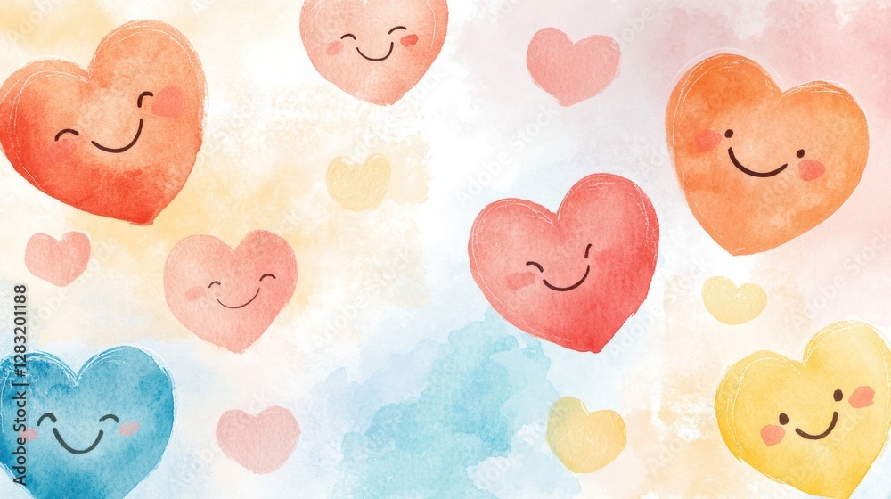Leinwandbilder colorful watercolor hearts with smiling faces creating a cheerful and playful atmosphere. generative