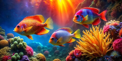 Fototapeta premium Vibrant Reef Scene Featuring Three Colorful Fish Swimming Amongst Lush Coral and Brightly Colored Sea Anemones