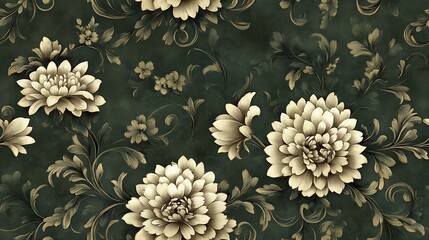 A regal damask floral composition, seamlessly designed with blooming chrysanthemums and lilies, flowing gracefully across a deep olive fabric background.