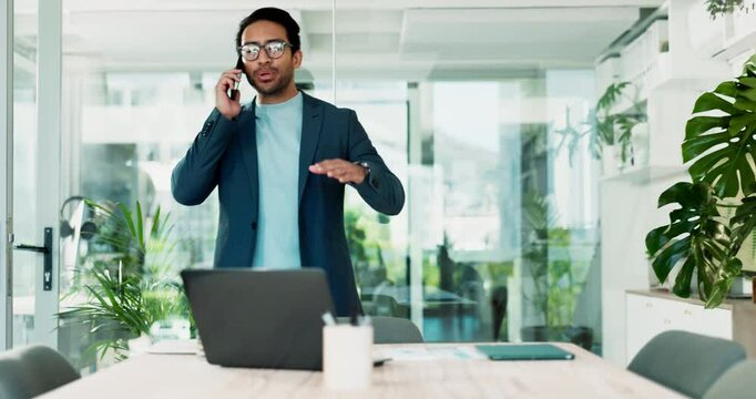Businessman, phone call and laptop with negotiation for proposal, offer or discussion at office. Man, employee or financial advisor talking on mobile smartphone for business proposition or investment