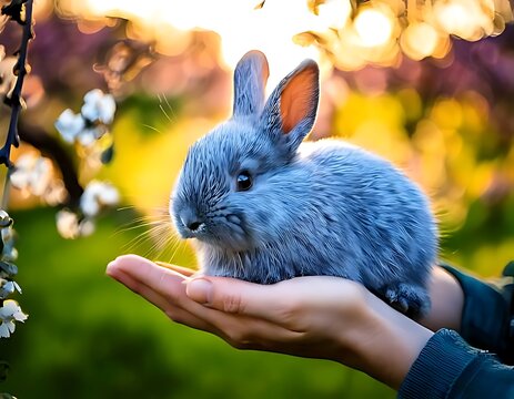 Adorable Baby Rabbit Held Gently Among Beautiful Spring Cherry Blossoms. Generative AI