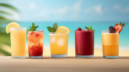 Fototapeta premium Refreshing summer beverages arranged on wooden table, featuring colorful drinks with fruits and mint leaves, perfect for beach setting