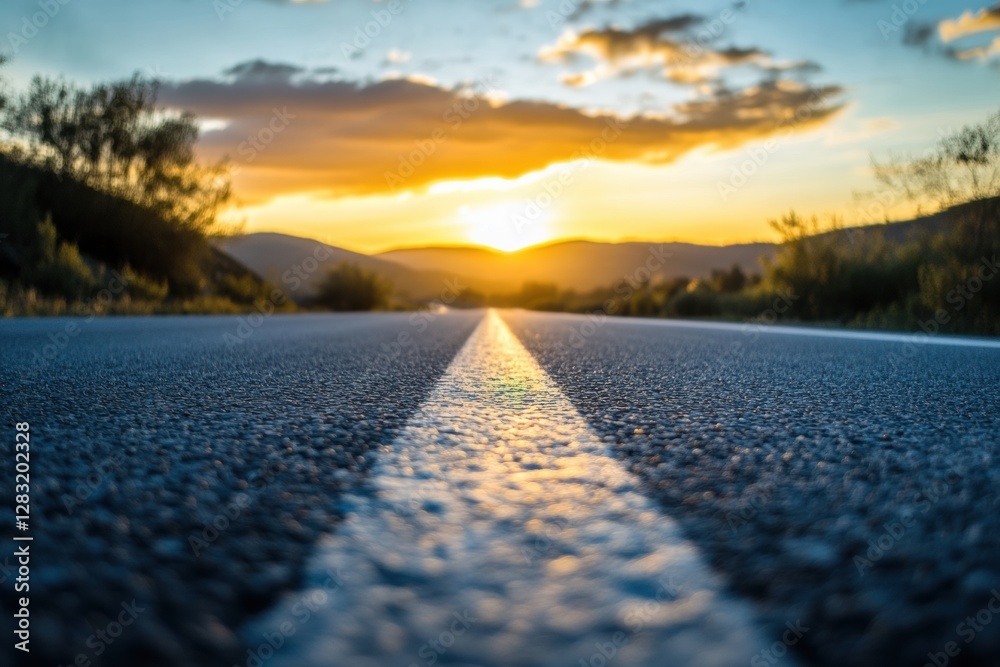 Poster road stretching towards a sunset with golden hues illuminating the sky. generative ai