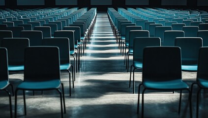Obraz premium Empty Auditorium Chairs: Rows of Seats in a Vast Hall Await Attendees