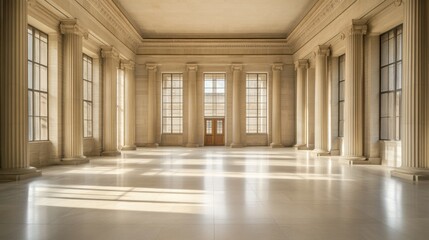 A legislative hall with smooth stone floors and vast columns. Featuring grandeur and stability