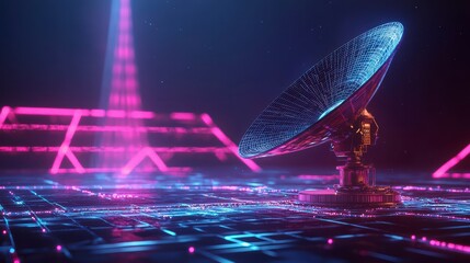 Digital Transmission: A high-tech, futuristic view of a satellite dish in the dark, illuminated by electric pink and blue light grids, symbolizing information exchange in the digital era