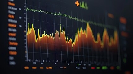 A close-up view of a digital graph displaying fluctuating data trends with vibrant colors, indicative of analytical or financial information.