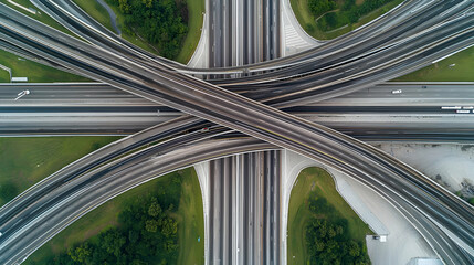 Fototapeta premium Aerial View of a Multi-Lane Highway Intersection with Cars Traversing Above Lush Green Areas