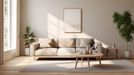 Elegant and soothing Scandinavian inspired living room design with a neutral toned couch minimalist coffee table and lush potted plants adding a touch of natural greenery to the space