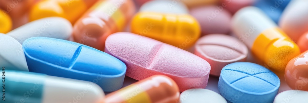 Poster colorful assortment of various pills and capsules arranged on a surface showcasing their shapes and 