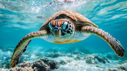 Fototapeta premium Underwater view of a sea turtle gracefully swimming above vibrant coral reefs in clear waters