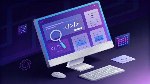 A modern computer setup showcasing a coding interface, search functionality, and data visualization elements on a vibrant background.