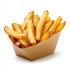 Crispy golden french fries in a rustic paper container ready to serve and enjoy