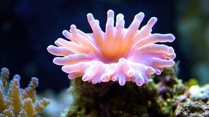 Pink anemone in aquarium tank