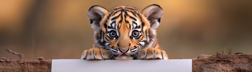 Fototapeta premium Playful tiger cub peeking over an empty blank sign with an innocent expression