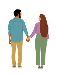 Couple In love, holding hands, standing together rear view. Romantic date, relationship concept. Casual cartoon characters back view. Hand drawn flat vector illustration isolated 