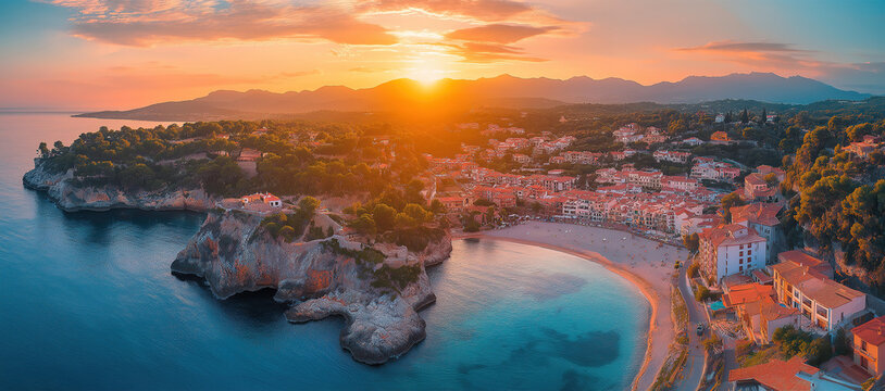 Breathtaking aerial panorama of Santa Ponsa in Mallorca with a stunning sunset over the coastal town