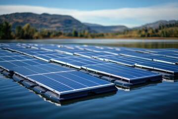 Floating solar panels on calm lake water