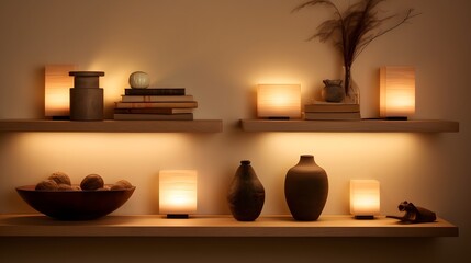 Floating wooden shelf showcasing a carefully curated selection of Scandinavian inspired decor elements and warm glowing LED lighting creating a cozy and elegant ambiance in the living space