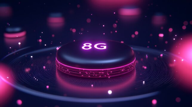 8G Tech Abstract: An ethereal, otherworldly aesthetic, showcasing the next generation of technology. A glowing "8G" symbol, emanating a vibrant pink light, floats against a dark.