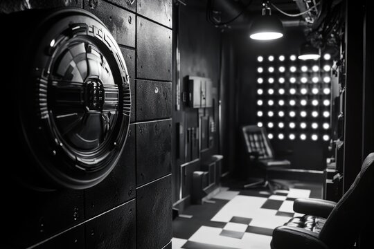 A simple black and white photograph of an interior space featuring a clock as the central focal point