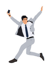 Young business man jumping for joy, celebrating success with arms raised. Cartoon excited guy in formal light gray suit and tie, holding phone. Vector illustration isolated
