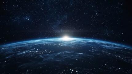 Obraz premium Sunrise from Space: Witness the awe-inspiring moment as the sun ascends over the horizon, casting a vibrant glow across the curvature of Earth.