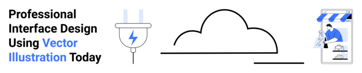 Plug beside cloud line, user interacting with online store screen. Ideal for technology, e-commerce, innovation, connectivity, cloud computing, energy, professional design flat landing page banner