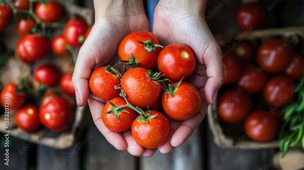 Aufkleber freshly picked tomatoes showcased in hands during a sunny day at a local market. generative ai