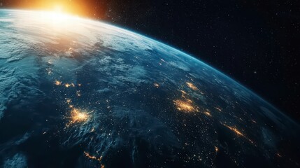 Obraz premium Earth's Embrace: Witness the stunning beauty of our planet, the Earth, with a mesmerizing view from space as the sun crests the horizon, bathing the world in a breathtaking dawn.