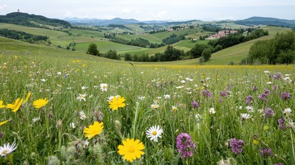 Obraz premium Hillside Wildflower Meadow, Rural Landscape, Summer