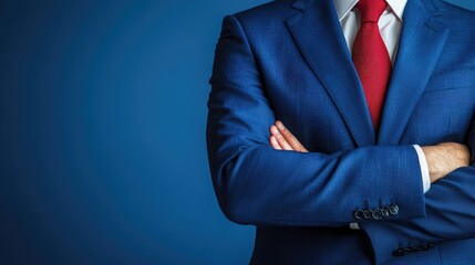 A close-up image of a man in a blue suit with crossed arms, showcasing a confident demeanor against a solid blue background.