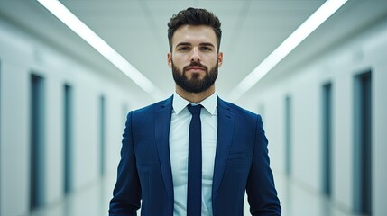 Fototapeta premium A confident man in a suit stands in a modern hallway, exuding professionalism and determination.