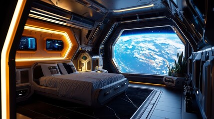 Interstellar Sanctuary: A futuristic bedroom aboard a spacecraft offers breathtaking views of Earth, blending luxury and space exploration