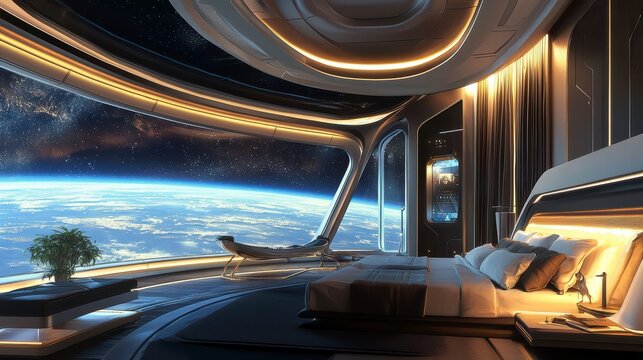 Luxury Space Suite with Earth View: Envision a luxurious space suite with a panoramic window offering a breathtaking view of Earth. The interior features modern design and elegant decor.