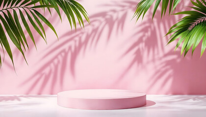 Obraz premium pink podium leaf background beauty cosmetics sale