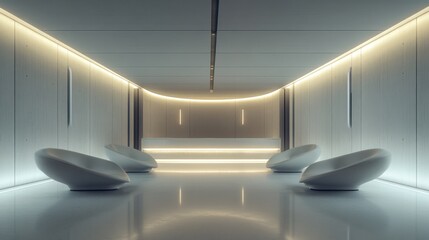 A legislative hall with soft lighting and comfortable seating. Featuring calmness and focus