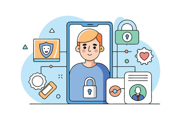 Vector art illustration of a person unlocking a mobile device using facial recognition.eps