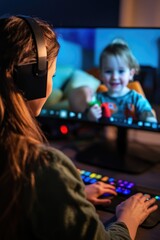 Obraz premium Woman gaming with headphones, focused on her screen