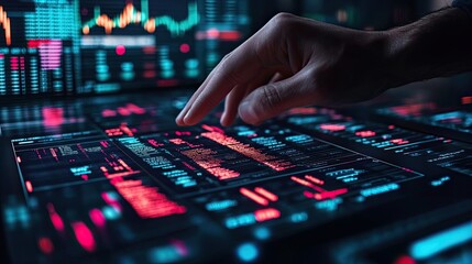 Hacker manipulating stock market data, symbolizing trading fraud, financial manipulation, and cybercrime, with digital effects showing market charts and financial transactions.