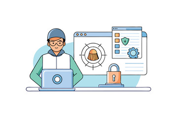 Vector art illustration of a security analyst in front of a holographic display showing cybersecurity threats.eps