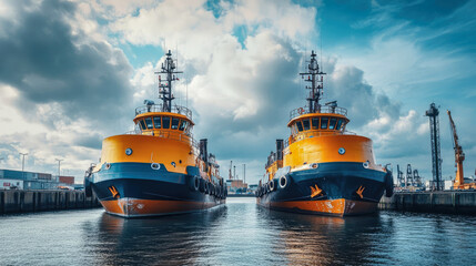 Fototapeta premium Tugboats docked in a busy port under a vibrant sky with scattered clouds