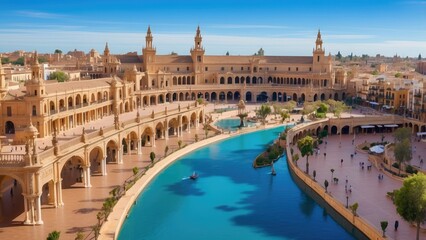 Obraz premium 1. **Famous Blue Azulejos Bridge at Plaza de España, Seville, Andalusia, Spain**
