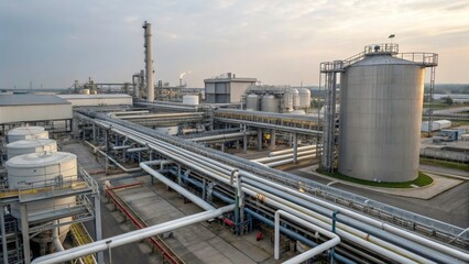 Obraz premium Aerial View of Complex Industrial Facility with Intricate Process Piping Systems in Modern Manufacturing